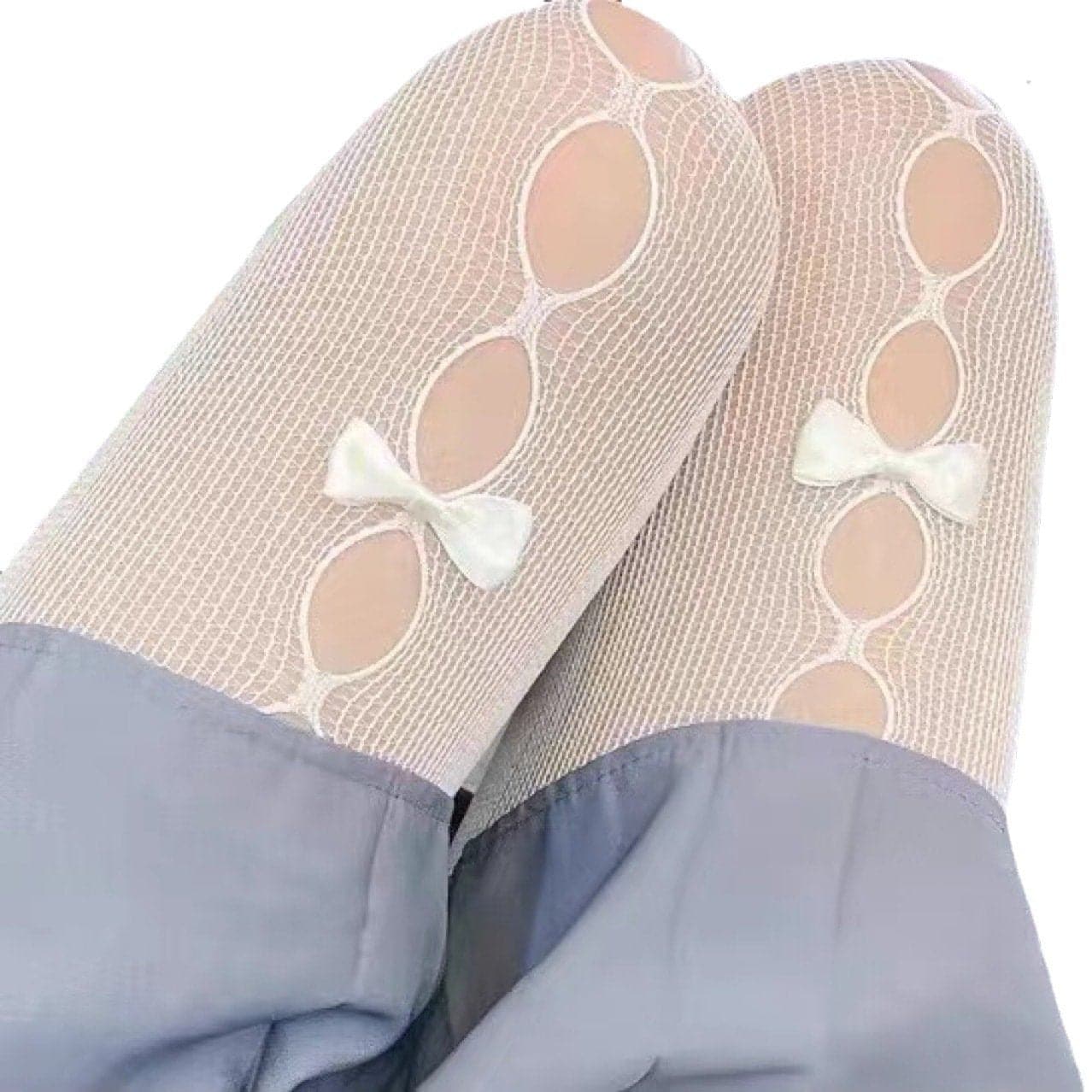 Enchanting White Fishnet Tights with Bow & Cut-Outs – Your Fall & Halloween Style Secret!