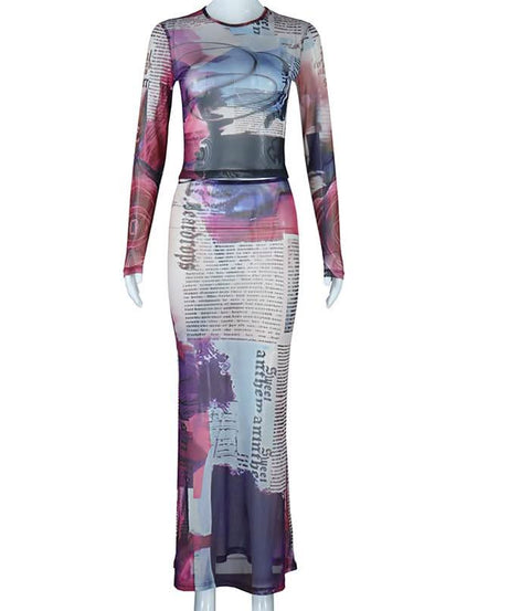 Fall Ready: Edgy Abstract Mesh Two-Piece Set - Long Sleeve Crop Top & Bodycon Maxi Skirt