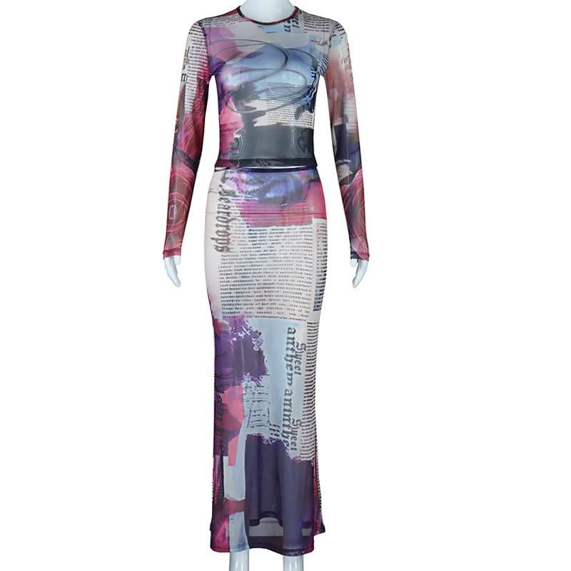 Fall Ready: Edgy Abstract Mesh Two-Piece Set - Long Sleeve Crop Top & Bodycon Maxi Skirt