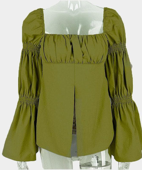 Autumn Chic: Olive Green Smocked Square Neck Blouse with Statement Puff & Bell Sleeves
