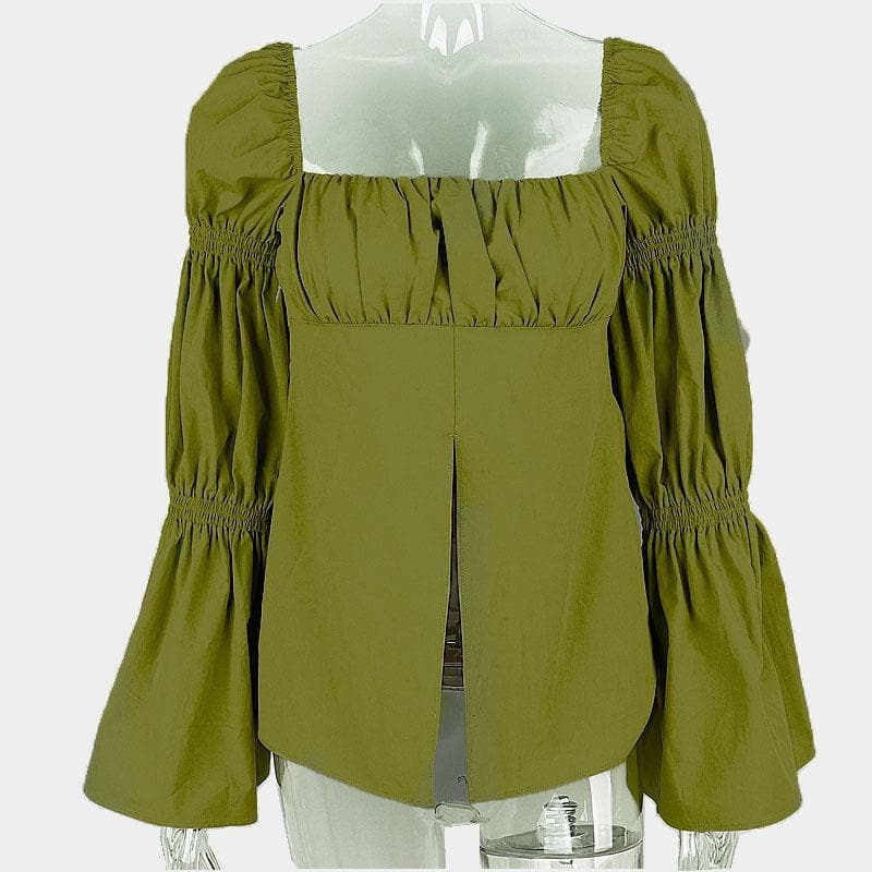 Autumn Chic: Olive Green Smocked Square Neck Blouse with Statement Puff & Bell Sleeves