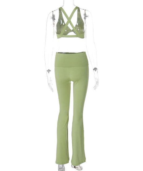 Effortless Fall Comfort: Sage Green Flared Legging & Twisted Crop Top Set - Your Athleisure Essential