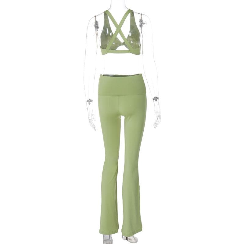 Effortless Fall Comfort: Sage Green Flared Legging & Twisted Crop Top Set - Your Athleisure Essential