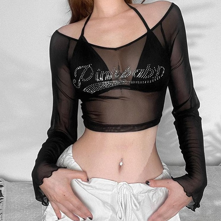 Y2K Glam "Pinkbaby" Rhinestone Mesh Halter Crop Top - Edgy Fall Party & Halloween Essential