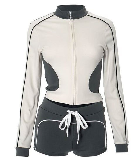 Chic Fall Athleisure Set: Women's Full-Zip Crop Jacket & Drawstring Shorts - Cozy Autumn Comfort