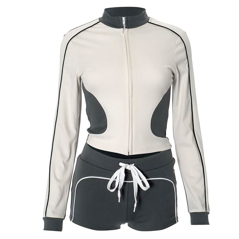 Chic Fall Athleisure Set: Women's Full-Zip Crop Jacket & Drawstring Shorts - Cozy Autumn Comfort