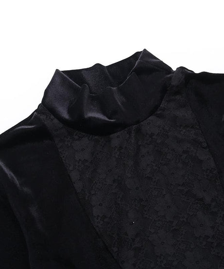 Midnight Enchantress Velvet & Lace Crop Top | High Neck Bell Sleeve Blouse for Fall & Halloween