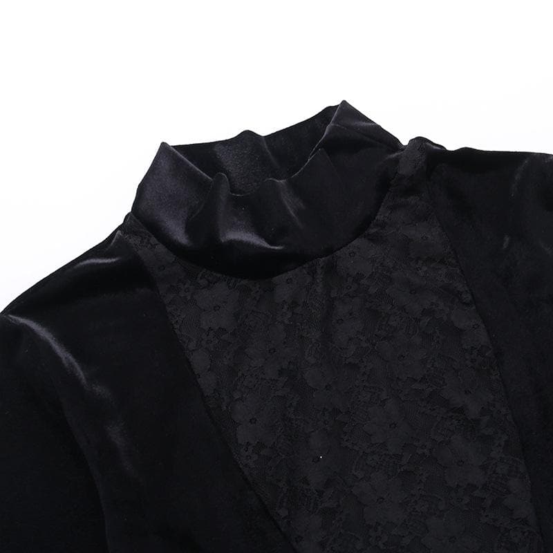 Midnight Enchantress Velvet & Lace Crop Top | High Neck Bell Sleeve Blouse for Fall & Halloween