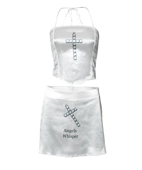 Angels Whisper Y2K Ethereal Halter Crop Top & Mini Skirt Set - Perfect for Fall Parties & Halloween