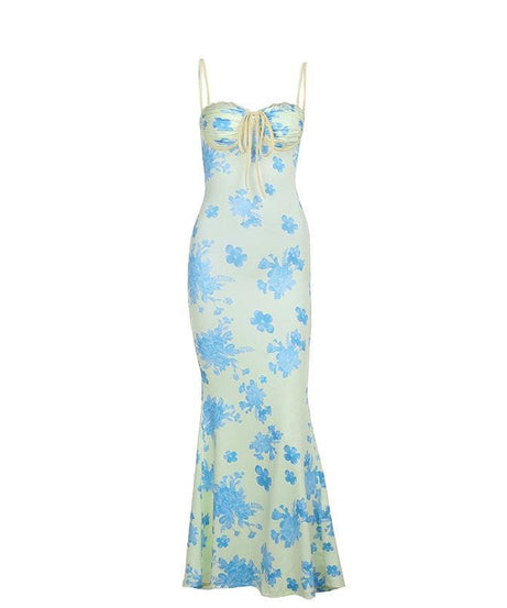 Chic Blue Floral Sweetheart Maxi Dress – Elegant Ruched Bust & Mermaid Hem for Resort Getaways