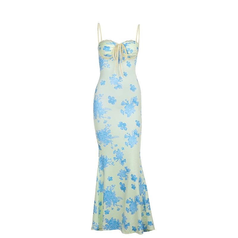Chic Blue Floral Sweetheart Maxi Dress – Elegant Ruched Bust & Mermaid Hem for Resort Getaways
