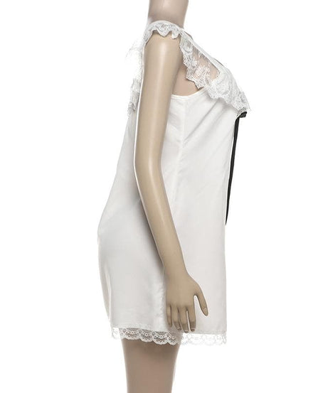 Dreamy White Satin & Lace Babydoll Chemise with Black Ribbon Bow – Elegant Fall Loungewear & Holiday Gift