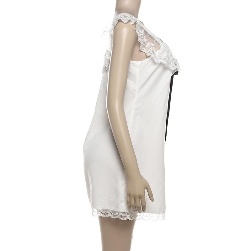 Dreamy White Satin & Lace Babydoll Chemise with Black Ribbon Bow – Elegant Fall Loungewear & Holiday Gift