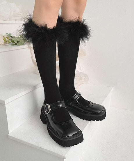 Luxe Feather-Trim Black Knee-High Socks - Autumn Glam & Halloween Ready!
