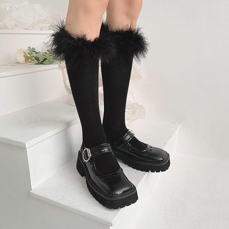 Luxe Feather-Trim Black Knee-High Socks - Autumn Glam & Halloween Ready!