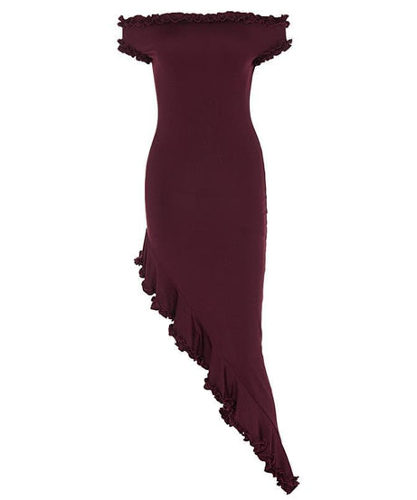 Fall Elegance: Wine Red Ruffled Off-Shoulder Asymmetrical Bodycon Midi Dress
