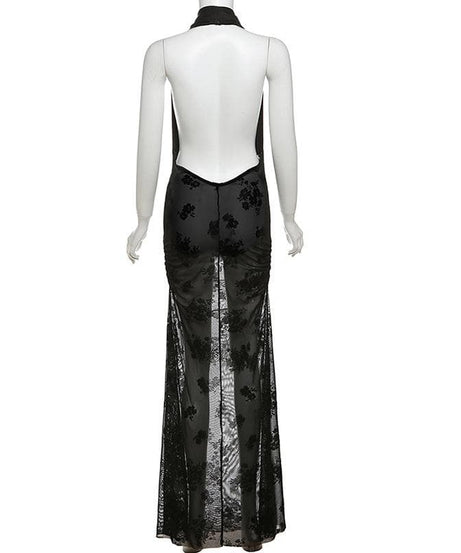Sultry Bloom Black Sheer Maxi Dress - Halter Cowl Neck for Fall & Holiday Nights