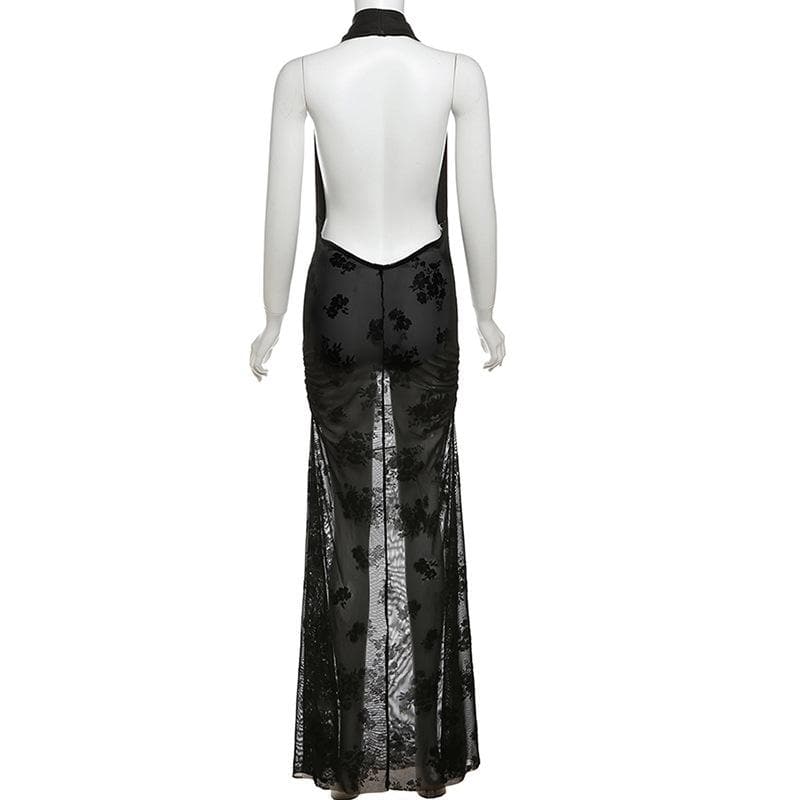 Sultry Bloom Black Sheer Maxi Dress - Halter Cowl Neck for Fall & Holiday Nights