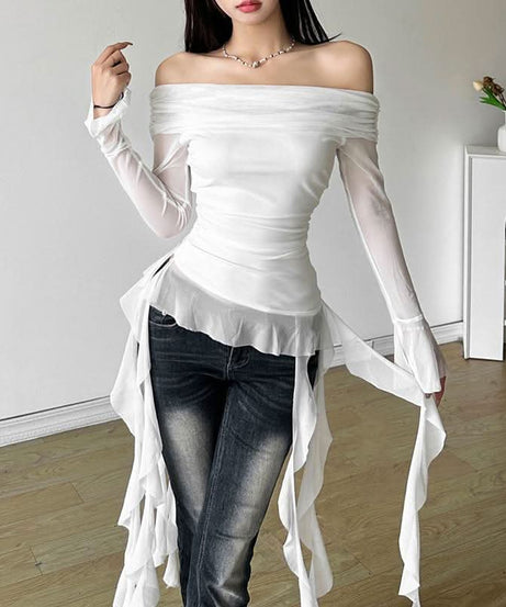 Dreamy Angelic Off-Shoulder Ruffle Tunic Top - Sheer Mesh Long Sleeves for Enchanting Fall Style