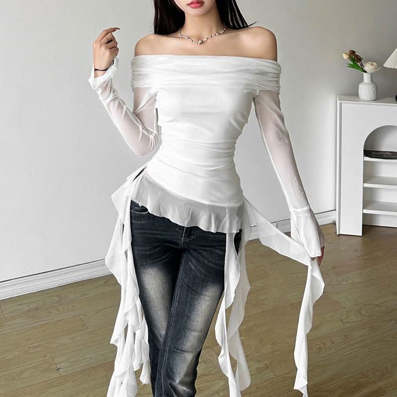 Dreamy Angelic Off-Shoulder Ruffle Tunic Top - Sheer Mesh Long Sleeves for Enchanting Fall Style