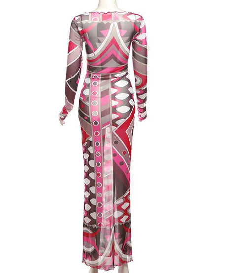 Fall & Holiday Glam: Geo-Abstract Mesh Maxi Dress - Long Sleeve Bodycon Statement