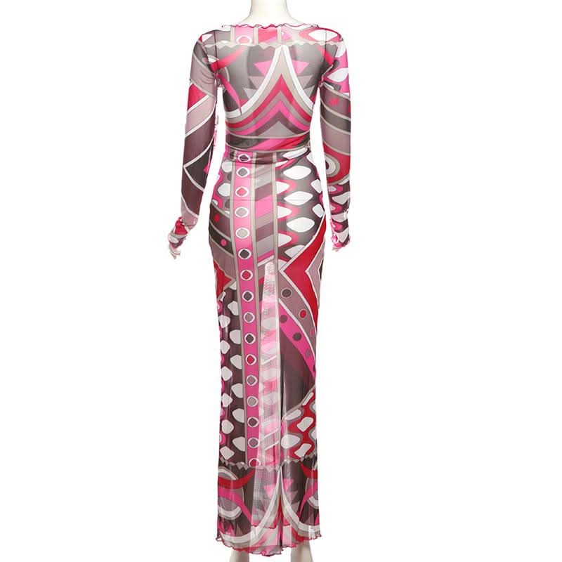Fall & Holiday Glam: Geo-Abstract Mesh Maxi Dress - Long Sleeve Bodycon Statement