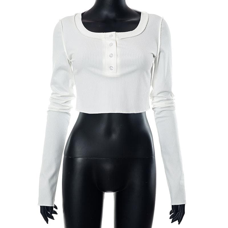 Cozy Chic White Ribbed Henley Crop Top | Long Sleeve Fall Essential for Women