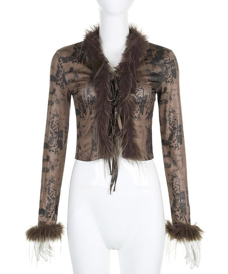Y2K Glam Feather Trim Tie-Front Crop Top - Fall & Holiday Party Essential