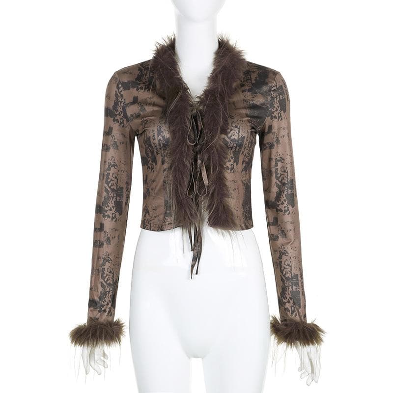 Y2K Glam Feather Trim Tie-Front Crop Top - Fall & Holiday Party Essential