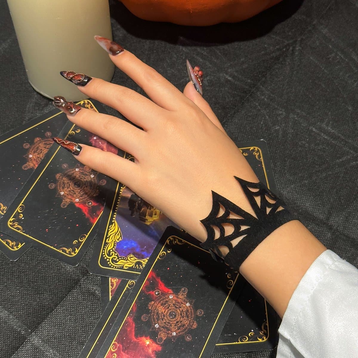 Gothic Velvet Spider Web Cuff Bracelet - Spooky Chic Halloween Accessory