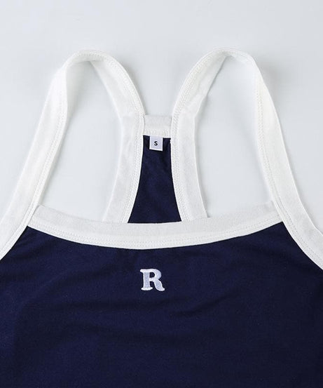 Cozy Chic Navy Racerback Crop Top with 'R' Logo - Fall Athleisure & Layering Essential