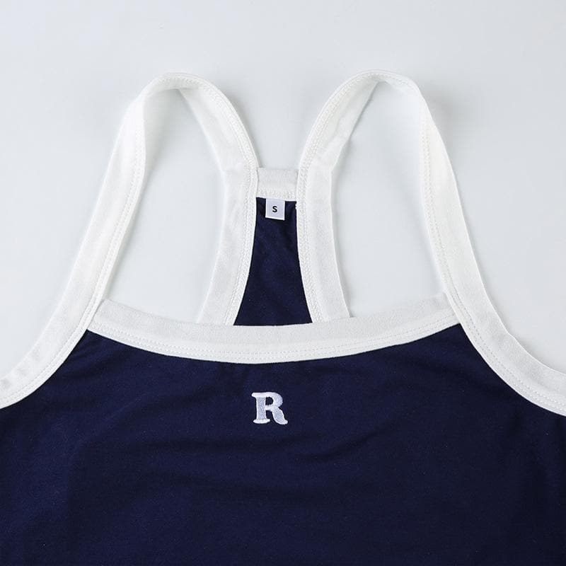 Cozy Chic Navy Racerback Crop Top with 'R' Logo - Fall Athleisure & Layering Essential