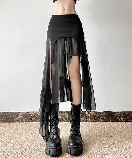 Bewitching Black Asymmetrical Mesh Midi Skirt - Edgy Fall & Halloween Essential