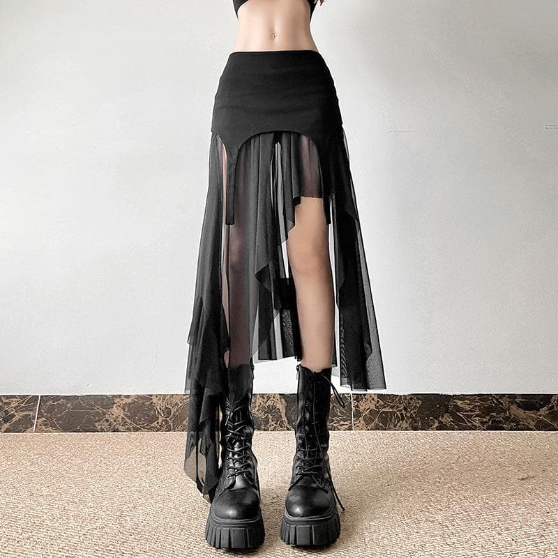 Bewitching Black Asymmetrical Mesh Midi Skirt - Edgy Fall & Halloween Essential