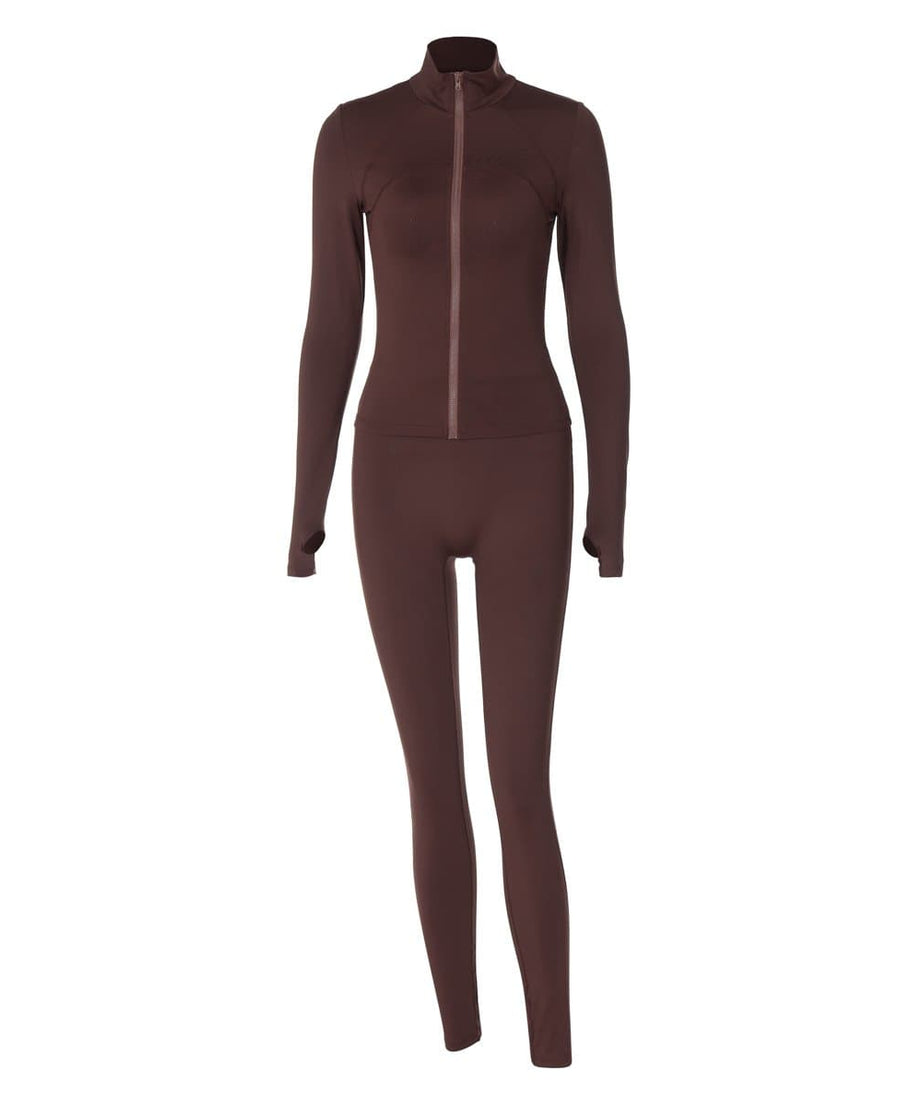 Cozy Fall Chic: Women's Brown Full-Zip Athleisure Set with Thumbholes