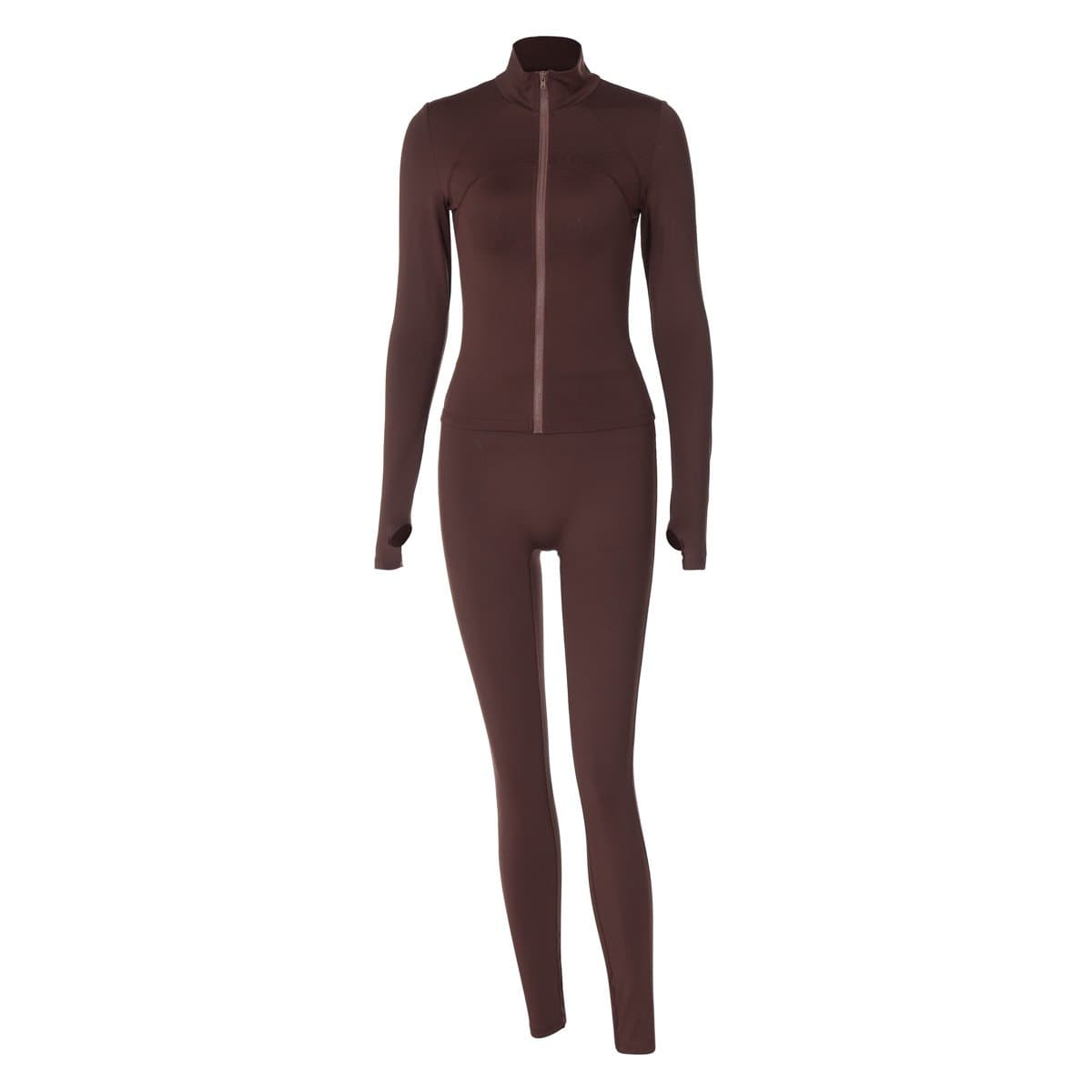 Cozy Fall Chic: Women's Brown Full-Zip Athleisure Set with Thumbholes