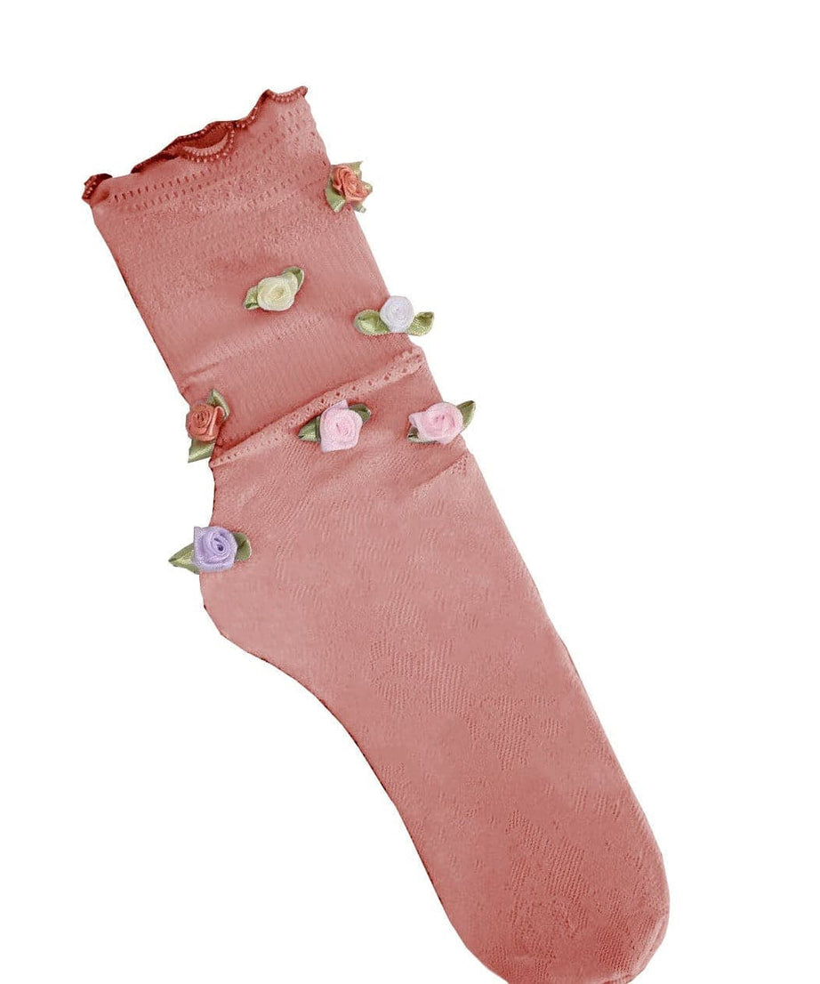 Cozy Chic Pink Floral Lace Socks | Vintage Rose Applique Ankle Socks for Fall