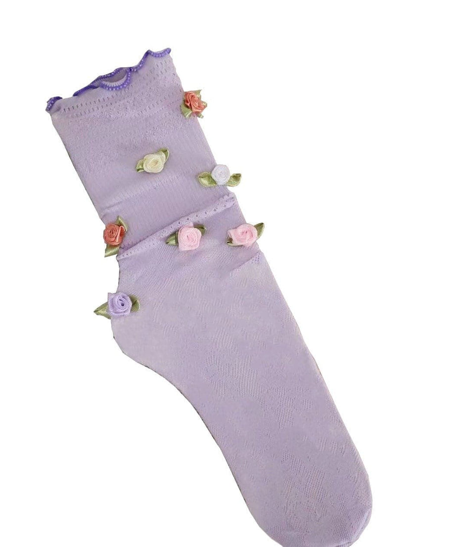 Cozy Chic Pink Floral Lace Socks | Vintage Rose Applique Ankle Socks for Fall