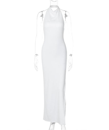 Effortless Glamour: White Halter Cowl Neck Maxi Dress for Holiday & NYE Parties