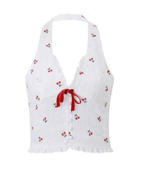 Sweet Cherry Halter Crop Top - Coquette Bow & Ruffle Trim for Y2K & Vacation Style