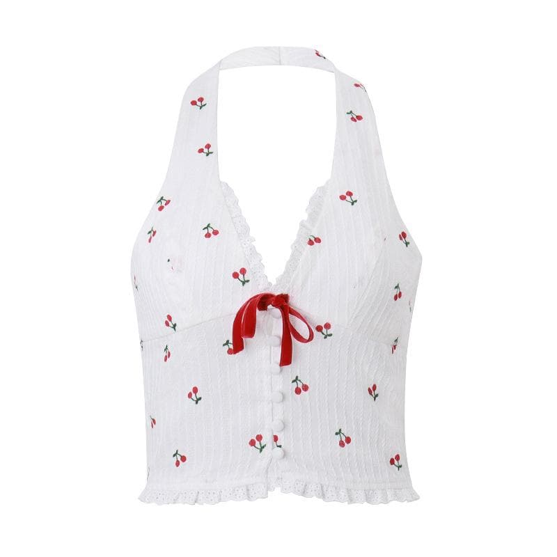 Sweet Cherry Halter Crop Top - Coquette Bow & Ruffle Trim for Y2K & Vacation Style