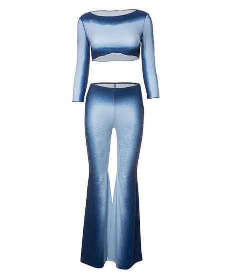Cozy Chic Ombre Blue Flare Pant & Crop Top Set | Fall Vibes Fashion for Women