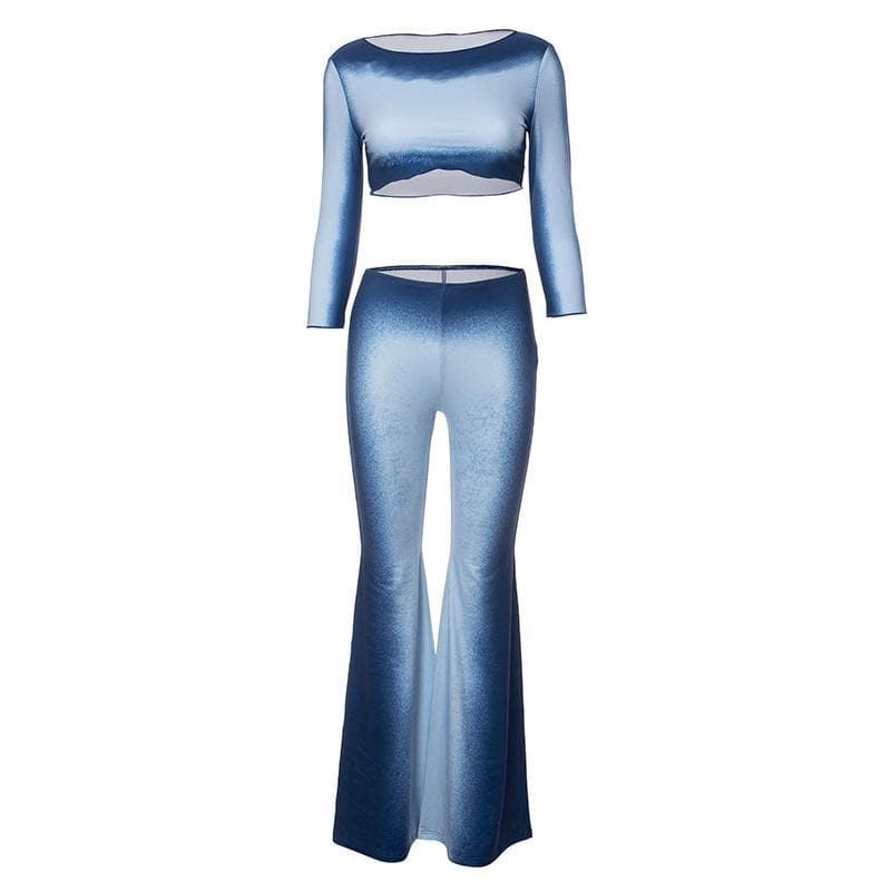 Cozy Chic Ombre Blue Flare Pant & Crop Top Set | Fall Vibes Fashion for Women
