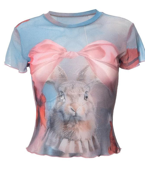 Whimsical Bunny & Pink Bow Mesh Top - Trendy Y2K Fall Style