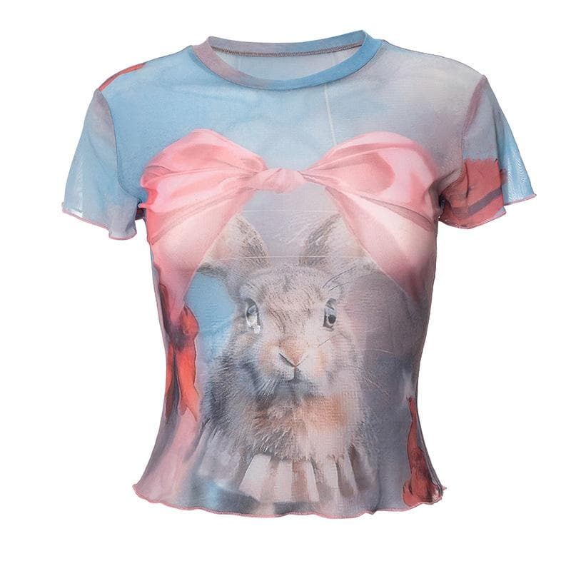Whimsical Bunny & Pink Bow Mesh Top - Trendy Y2K Fall Style