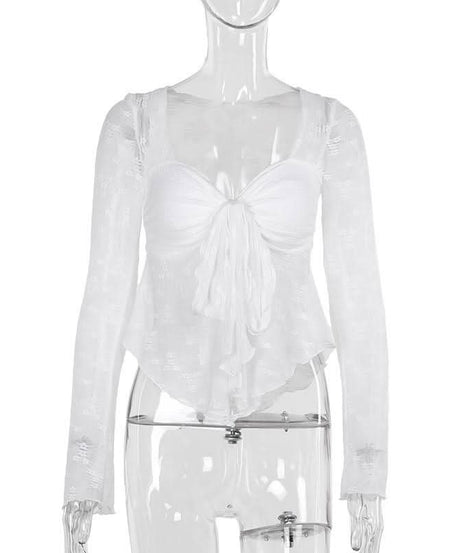 Autumn Whispers Sheer Floral Tie-Front Blouse - Romantic Y2K Long Sleeve Top for Women