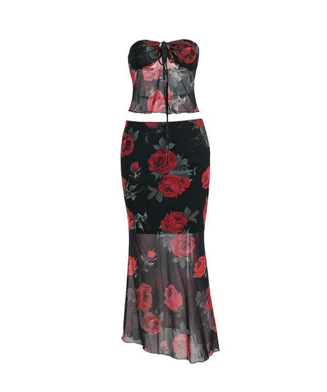 Fall Romance Rose Mesh Strapless Maxi Skirt Set | Holiday Glam