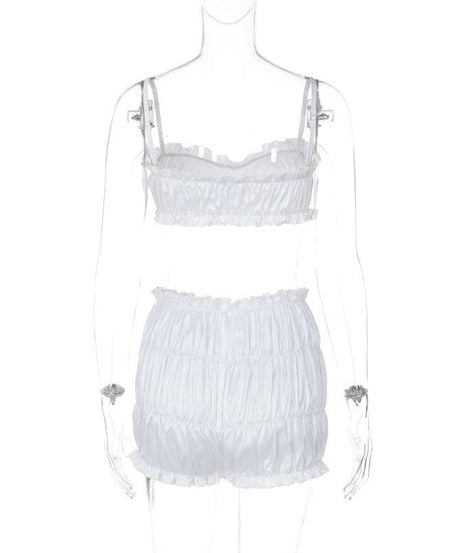 Dreamy Silky Ruched Cami Top & Bubble Shorts Set – Luxe Loungewear for Cozy Fall Evenings