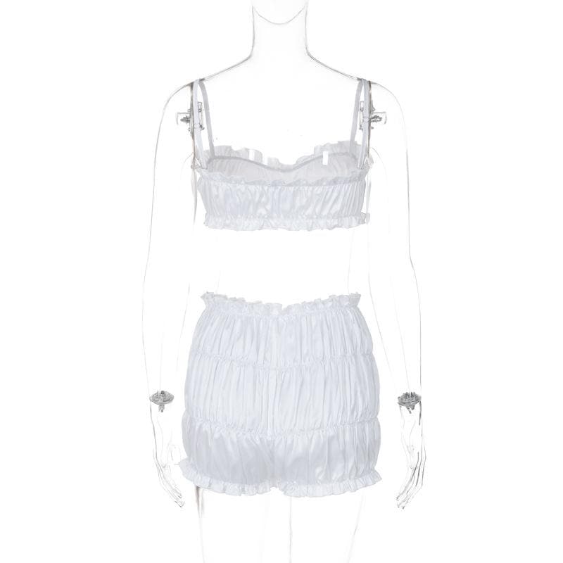 Dreamy Silky Ruched Cami Top & Bubble Shorts Set – Luxe Loungewear for Cozy Fall Evenings