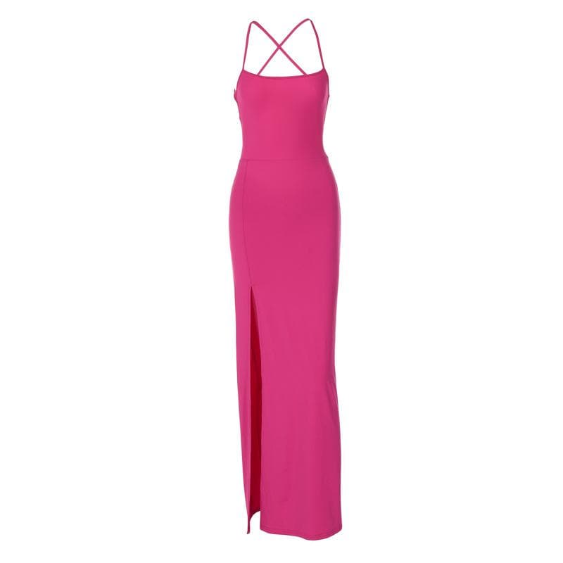Glamorous Fuchsia Criss-Cross Back High Slit Maxi Dress - Holiday Party & Event Gown